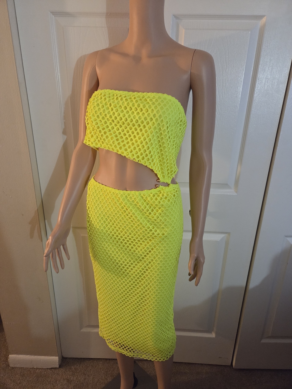 Fashion Nova Elania Midi Dress Neon Yellow Mesh Cutout Bodycon